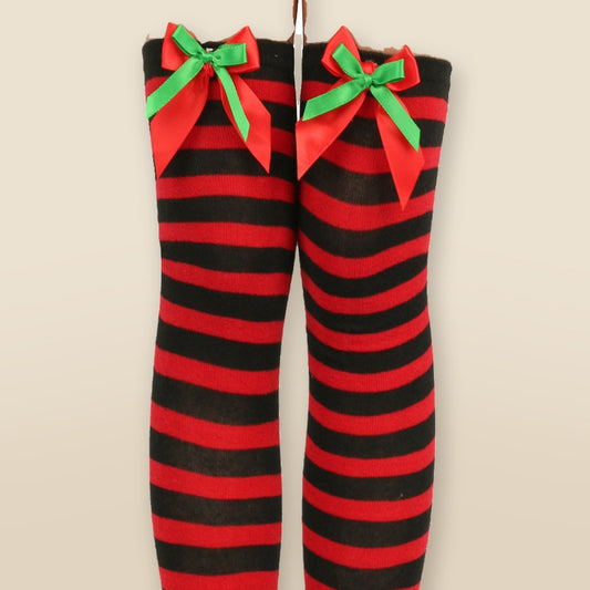Chaussettes hautes rayées à nœud de Noël