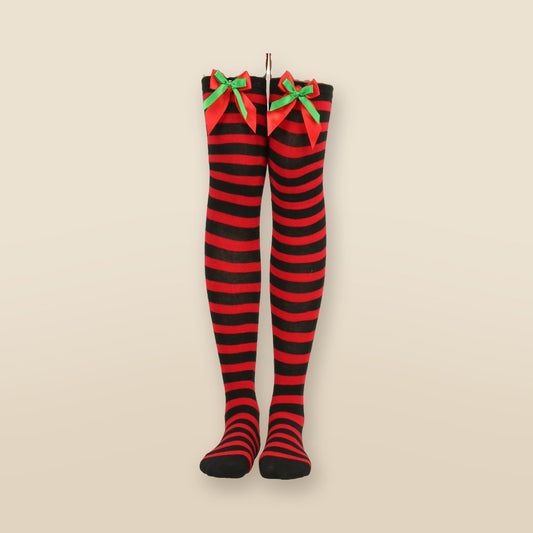Chaussettes hautes rayées à nœud de Noël