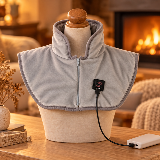 Tour de cou chauffant USB sur un buste, relié à une batterie externe