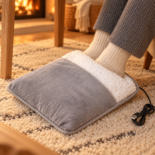 Pieds en chaussettes dans le chauffe-pieds, sous un bureau