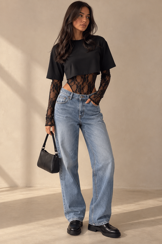 Ensemble Body Dentelle & Crop Top — Noir — porté