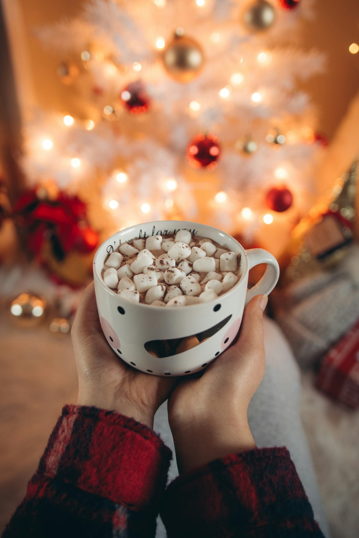 Mains tenant un mug de chocolat chaud devant le sapin